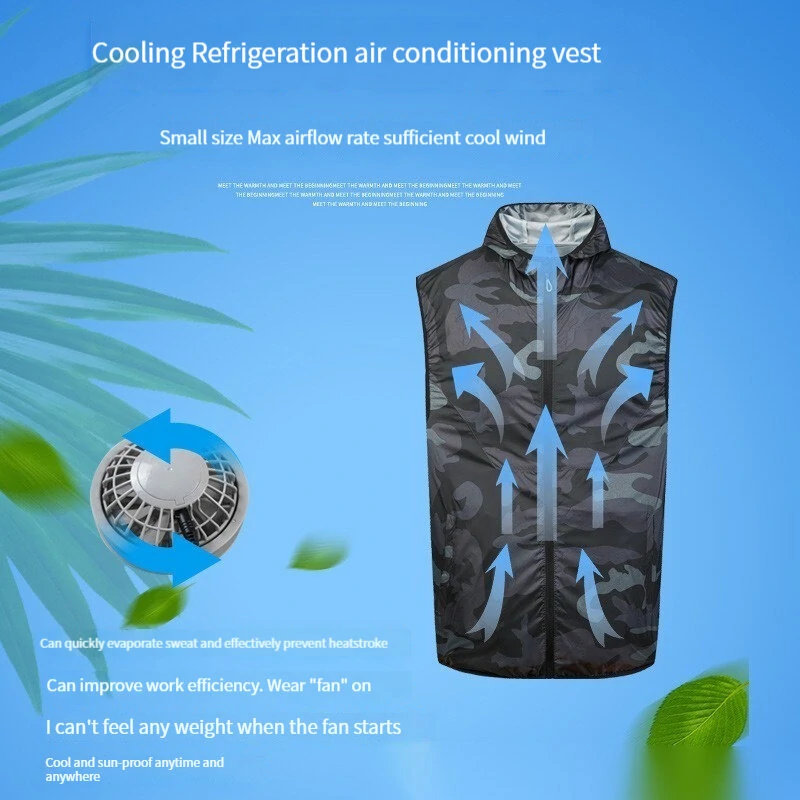 (image for) TENGOO Air Conditioning Hooded Vest Three Wind Speeds Heatproof Cooling Clothing USB Charging Sun Protection Continuous Cooling Jacket with Two Fans for Summer High Temperature Outdoor Work